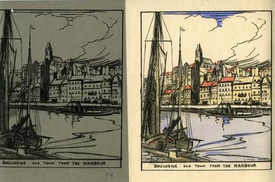 Boulogne old town from the harbour; Olive Mudie Cooke (b.1890, d.1925); Printed Docs (museum)/lithograph; 0046/12