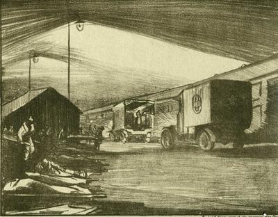 'Etaples siding: VAD convoy unloading an ambulance train'; Olive Mudie Cooke (b.1890, d.1925); Printed Docs (museum)/lithograph; 0046/13