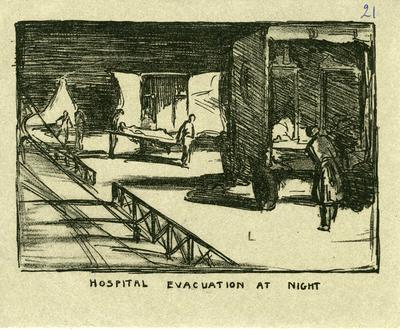 'Hospital Evacuation at Night'; Olive Mudie Cooke (b.1890, d.1925); Printed Docs (museum)/lithograph; 0046/15
