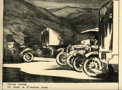 Italian Convoy. The Crush at 11B Hospital. Genoa.; Olive Mudie Cooke (b.1890, d.1925); Printed Docs (museum)/lithograph; 0046/17