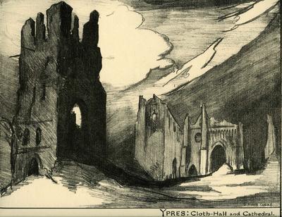 Ypres: Cloth Hall and Cathedral; Olive Mudie Cooke (b.1890, d.1925); Printed Docs (museum)/lithograph; 0046/18