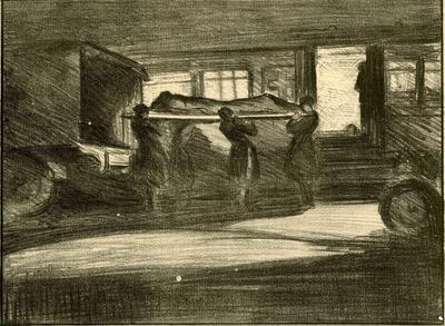 Camiers hospital siding: VAD drivers unloading an ambulance train; Olive Mudie Cooke (b.1890, d.1925); Printed Docs (museum)/lithograph; 0046/8