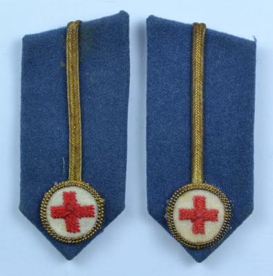 Gorget patches, blue with embroidered gilt line and emblem: Assistant County Director