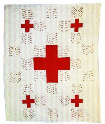 Quilt embroidered with crosses and signatures