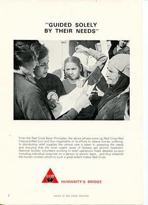 Set of League of Red Cross Societies posters: Humanity's Bridge - 'Guided solely by their needs'. Illustrated with black and white image of a delegate with people.