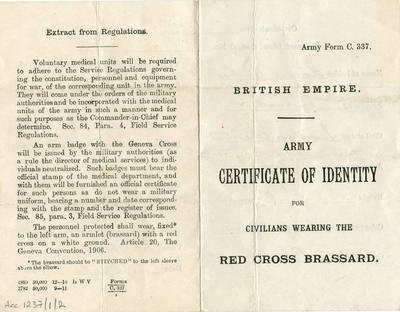 Army Form C.337: British Empire Army Certificate of Identity for Civilians Wearing the Red Cross Brassard