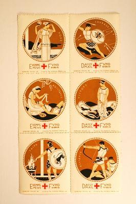 Set of six fundraising War Bond stamps advertising the Daily Mail and Evening News Red Cross Fund