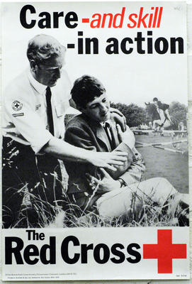 Small poster featuring a black and white image of a member of the British Red Cross helping an injured horse rider: 'Care - and skill - in action. The Red Cross'.