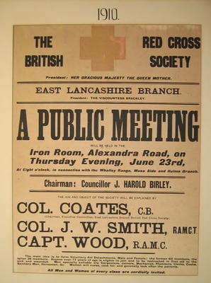 poster advertising the first meeting of the British Red Cross East Lancashire Branch, 1910
