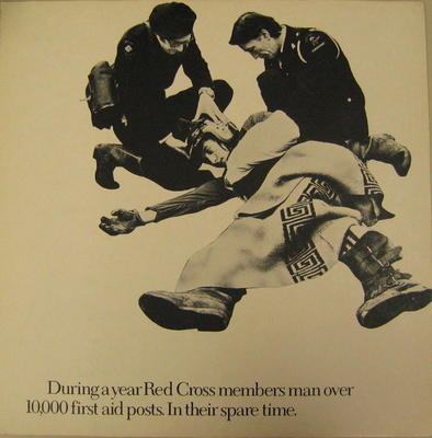 Cardboard poster promoting the work of the British Red Cross first aid posts