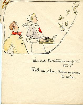 coloured drawing from the sketch book of Joyce Dennys, showing a hospital scene
