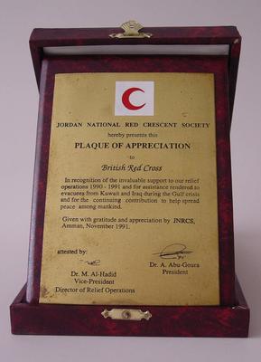 plaque of appreciation to British Red Cross from the Jordan National Red Crescent Society