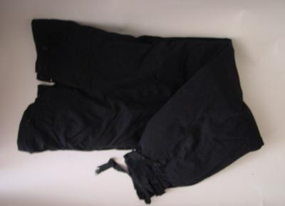 black trousers with button fastening at either side of waist and ankle straps; Uniforms/trousers; 2157/2b