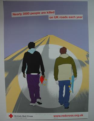 Small poster designed on lilac background. Shows two young men walking along a road, both are dressed casually and carry skateboards. The text: 'Nearly 3500 people are killed on UK roads each year'. A Welsh version was also produced.