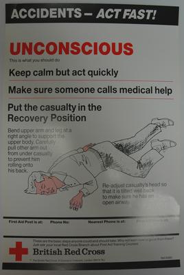 One of a series of 8 posters: Accidents - Act Fast! Unconscious. This is what you should do ....