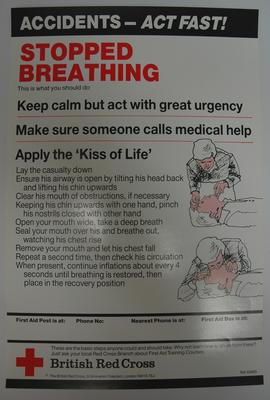 One of a series of 8 posters: Accidents - Act Fast! Stopped Breathing. This is what you should do ....