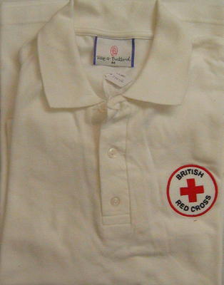 Medium white t-shirt with BRC three cloth patches on left breast and each sleeve.