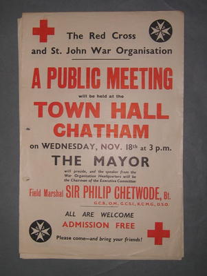 poster advertising a public meeting regarding the Red Cross and St. John War Organisation