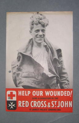 Laminated small poster: 'Help our Wounded! Send a donation to the Red Cross & St John, St James's Palace, London, SW1.'