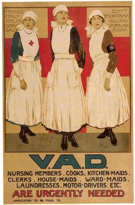 Colour poster produced during World War I, designed to help recruit new members to the British Red Cross Society, the Order of St John and the Territorial Force, by Joyce Dennys.