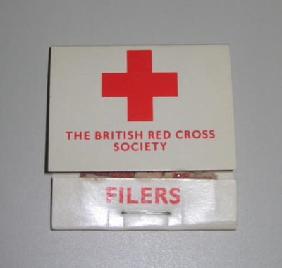 set of nail files in cardboard packaging: 'The British Red Cross Society: Filers. Help us to Help Others'