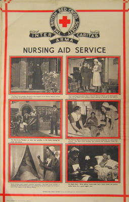 One of a set of large posters illustrating the services of the British Red Cross: Nursing Aid Service.