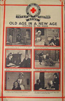 One of a set of large posters illustrating the services of the British Red Cross: Old Age in a New Age. Visiting in the Home.