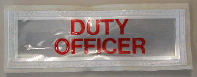 Rectangular reflective badge to be worn on outdoor workwear: DUTY OFFICER