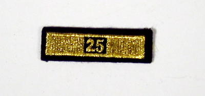 Service award consisting of a gold stripe with '25' incorporated in the design: 25 Years Service.