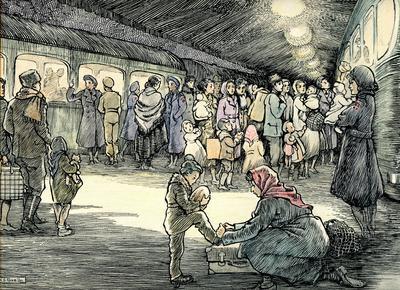 Colour ink drawing depicting a Second World War evacuation scene