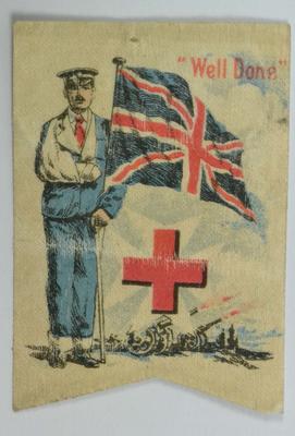 fundraising flag, showing a British soldier wearing convalescent blues, with his right arm in a sling