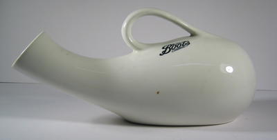 'Boots' china urinal, white, with handle.
