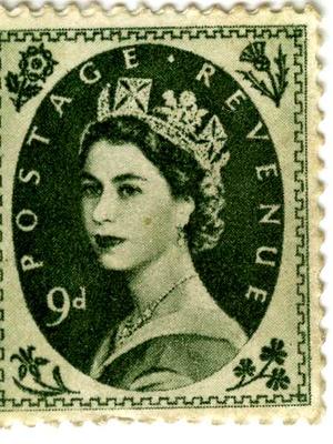 9d postage stamp featuring the head of Queen Elizabeth II