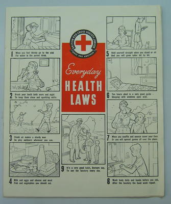 British Red Cross Society Junior 'Serve One Another' poster: Everday Health Laws, in black, white and red, with 9 illustrations.