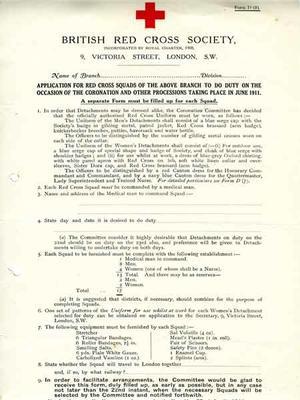 Application form for Red Cross Squads to do First Aid Duty on the occasion of the Coronation [Jun 1911]