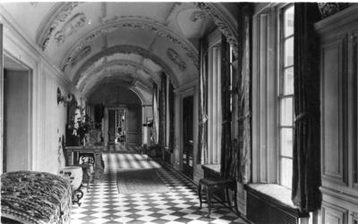 Interior view of Barnett Hill House showing the entrance hall and ornate ceiling