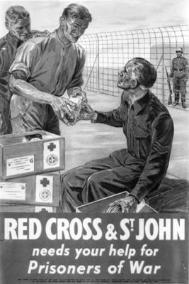 Fundraising poster showing distribution of parcels in prisoner of war camp, Second World War.