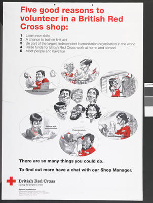 volunteer recruitment poster for British Red Cross shops