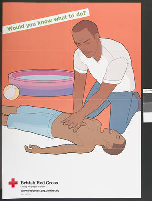 Large poster showing a man administering external chest compressions on a young boy. The boy lies next to a paddling pool. With the words: 'Would you know what to do?'.