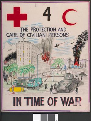 One of a set of five laminated posters, produced for a training course: THE PROTECTION AND CARE OF CIVILIAN PERSONS