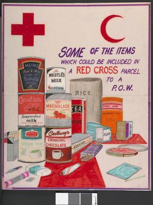 One of a set of five laminated posters, produced for a training course: SOME OF THE ITEMS WHICH COULD BE INCLUDED IN A RED CROSS PARCEL TO A P.O.W.