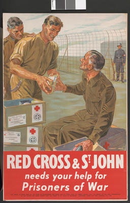 Large colour poster showing prisoners of war receiving food parcels: 'Red Cross & St John needs your help for Prisoners of War'. Artist Charles Wood.