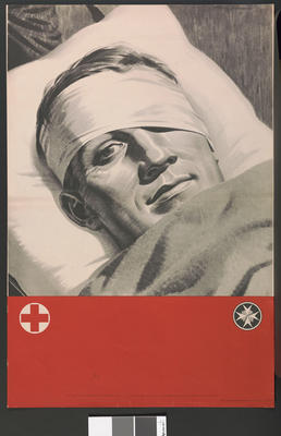 Large poster featuring a black and white photograph of the bandaged head of a serviceman in bed, without text.; Printed Docs (museum)/poster; 2355/85