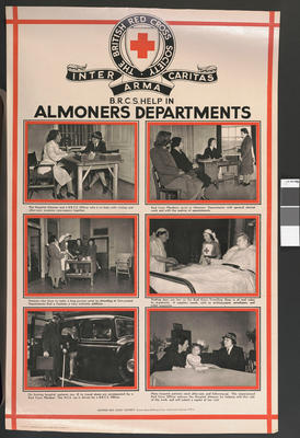One of a set of large posters illustrating the services of the British Red Cross: British Red Cross Help in Almoners Department.