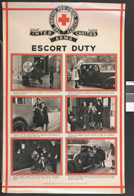One of a set of large posters illustrating the services of the British Red Cross: Escort Duty.