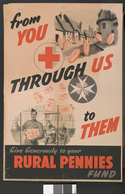 Large poster featuring pennies rolling down a street from the country to prisoners of war: 'From You Through Us to Them. Give Generously to your Rural Pennies Fund.'