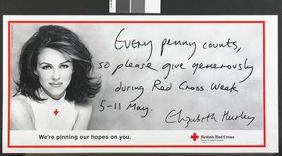 Red Cross Week poster featuring Elizabeth Hurley, 1995