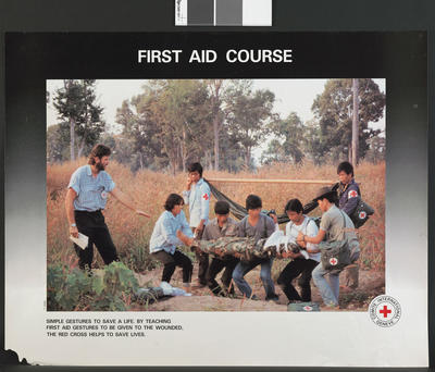 One of a set of four colour ICRC posters: 'First Aid Course. Simple gestures to save a life. By teaching first aid gestures to be given to the wounded, the Red Cross helps to saves lives.'