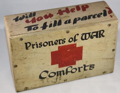 Wooden collecting box: 'Prisoner of War Comforts'