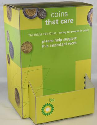 Large cardboard collecting box, 'Coins that Care'